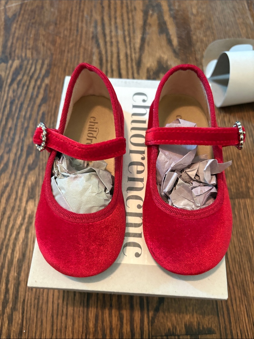 Kids Red Velvet Mary Jane Flats with Crystal Buckle